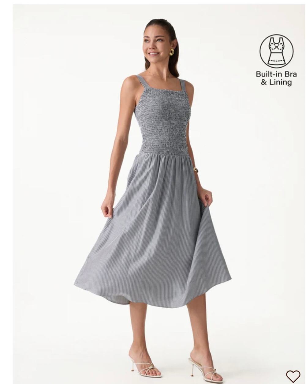 OGL Move Grey White Stripe Smocked Midi Dress Pockets Size S NWT